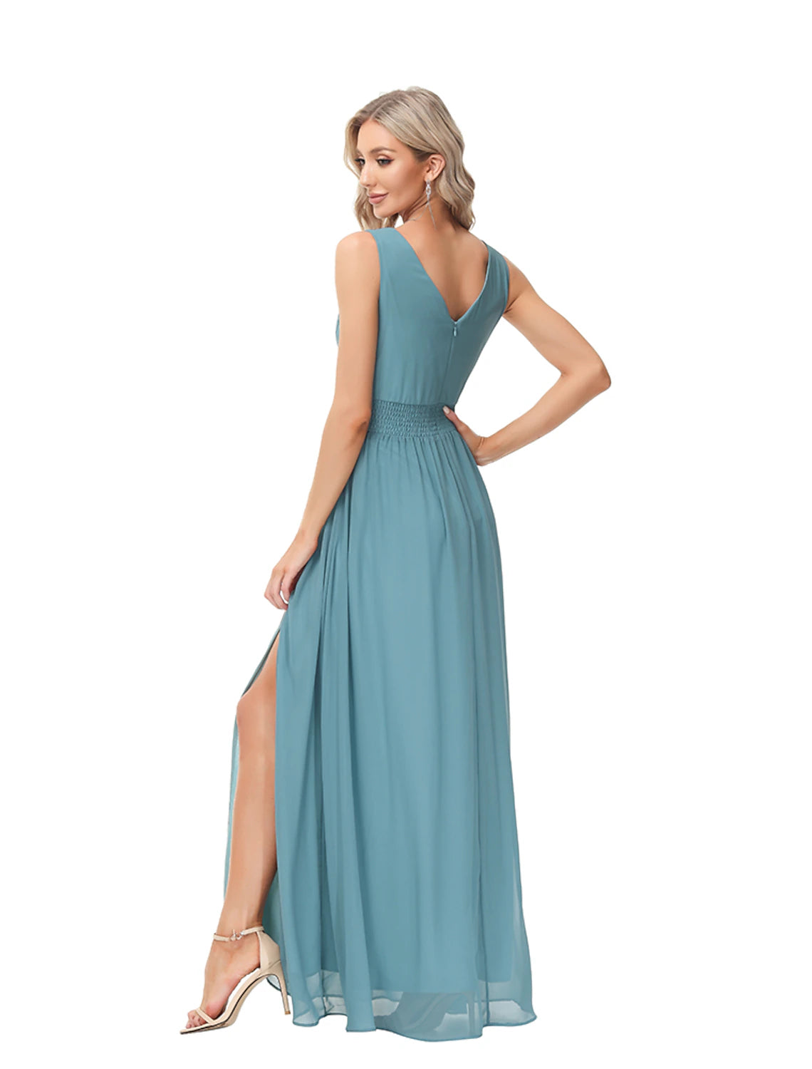 A-Line Evening Gown Empire Dress Party Wear Floor Length Sleeveless V Neck Chiffon V Back