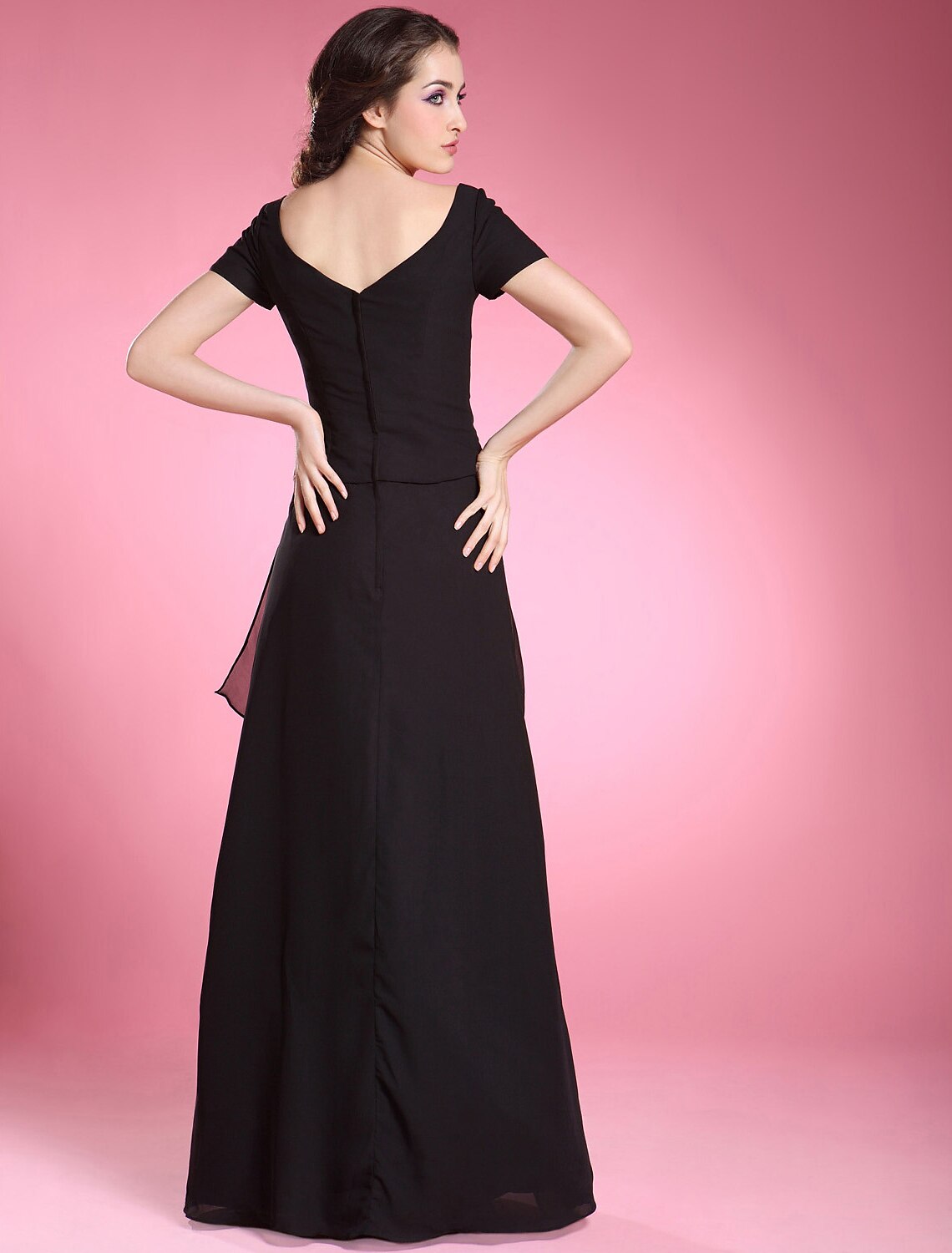 A-Line Dress Formal Evening Floor Length Short Sleeve V Neck Chiffon with Beading