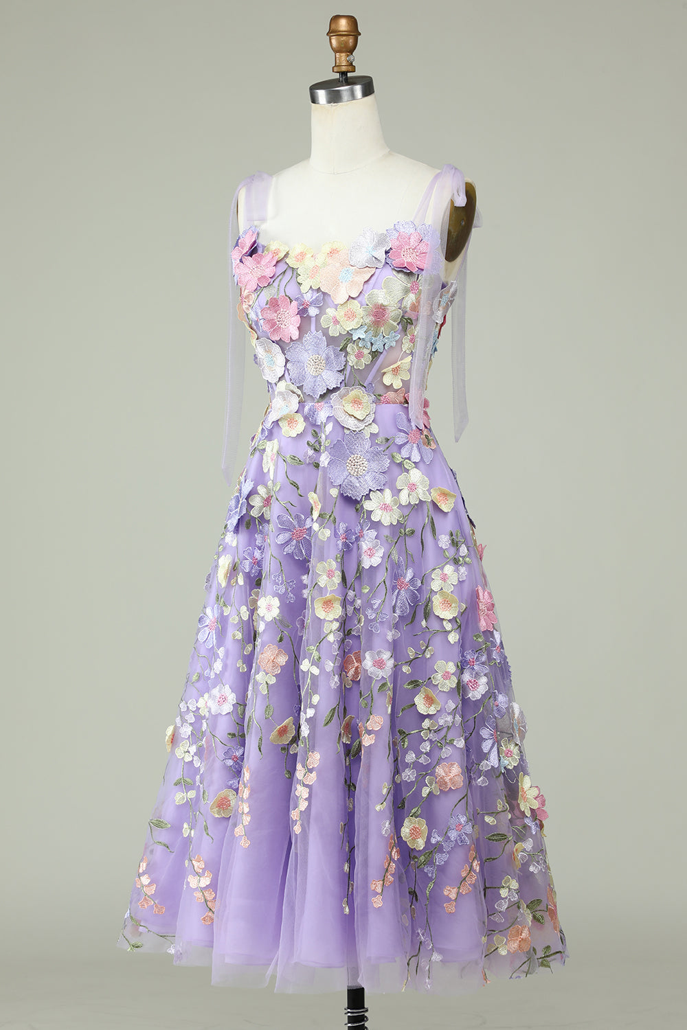 Purple A-Line Corset Purple Knee-Length Prom Dress With 3D Flowers