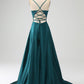 A-Line Spaghetti Straps Long Prom Dress with Slit V-neck Pure Color