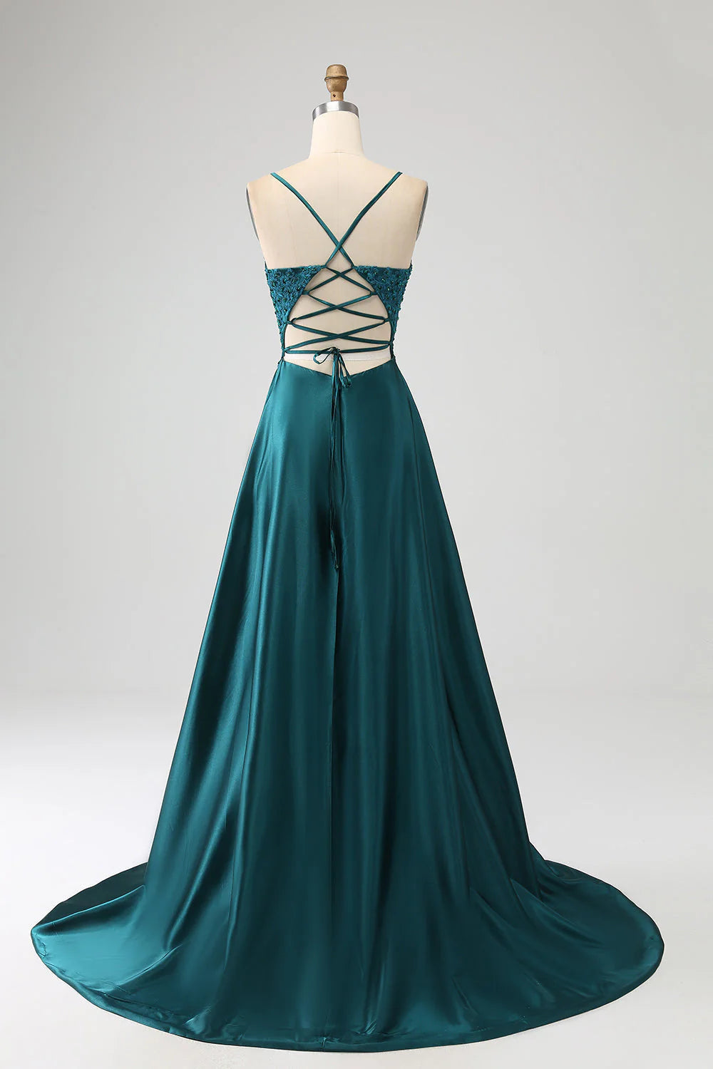 A-Line Spaghetti Straps Long Prom Dress with Slit V-neck Pure Color