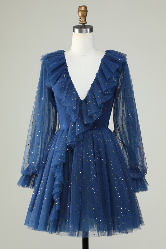 Long Sleeves A Line Navy Homecoming Dress With Ruffles V-neck