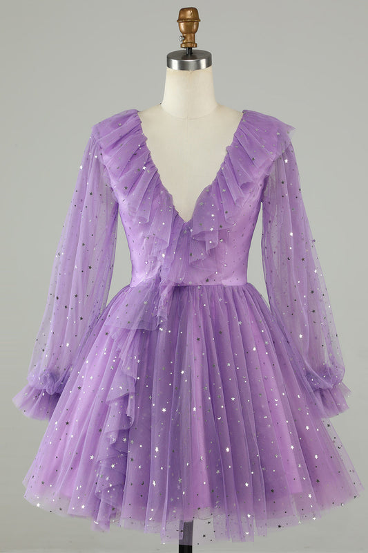 Long Sleeves Purple Sparkly Homecoming Dress With Stars Sequins V-neck