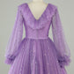 Long Sleeves Purple Sparkly Homecoming Dress With Stars Sequins V-neck