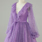 Long Sleeves Purple Sparkly Homecoming Dress With Stars Sequins V-neck