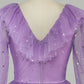 Long Sleeves Purple Sparkly Homecoming Dress With Stars Sequins V-neck