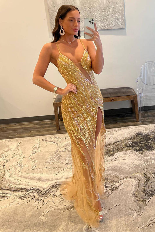 Sparkly Gold Beaded Mermaid Long Prom Dress with Slit Sexy Evening Dresses