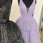 Ball Gown V Neck Tulle Tiered Prom Dresses With Slit Floor Length Sparkly