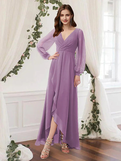 A-Line Bridesmaid Dress V Neck Long Sleeve Elegant Floor Length Chiffon with Pleats Pure Color