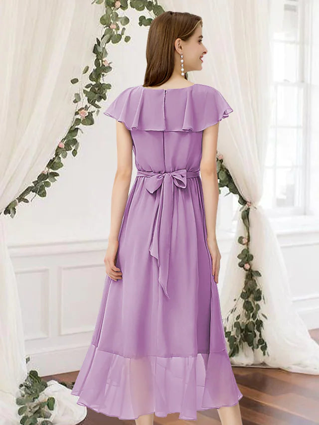 A-Line Bridesmaid Dress V Neck Sleeveless Elegant Asymmetrical Chiffon with Pleats Ruffles Pure Color