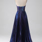 Sparkly Purple A-Line Halter Pleated Prom Dress with Slit Sexy Evening Dresses