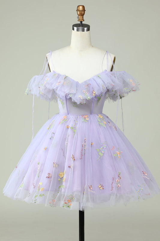 Off The Shoulder Lavender Embroidery Homecoming Dress With Ruffles Short