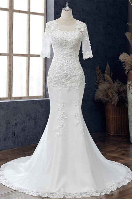 White Appliques Jewel Half Sleeve Mermaid Wedding Dress Long