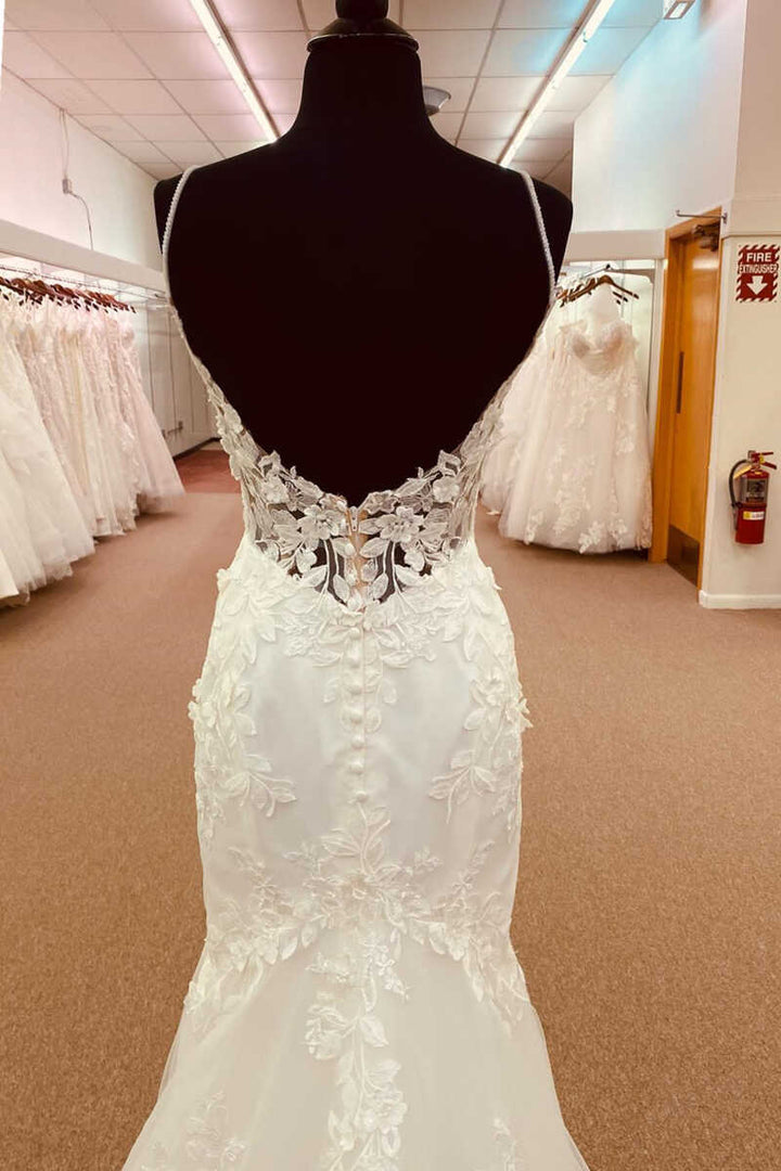 White Lace Straps Backless Trumpet Long Wedding Dress Sexy