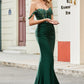 Sparkly Dark Green Mermaid Off The Shoulder Long Prom Dress with Ruffles Sexy