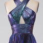 Sparkly Purple A-Line Halter Pleated Prom Dress with Slit Sexy Evening Dresses