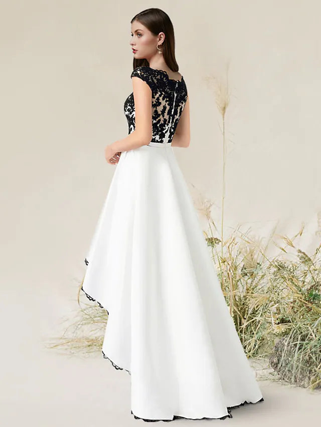 A-Line Elegant Engagement Formal Evening Dress Jewel Neck Sleeveless Asymmetrical Satin