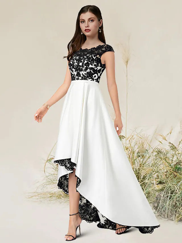 A-Line Elegant Engagement Formal Evening Dress Jewel Neck Sleeveless Asymmetrical Satin