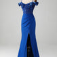 Royal Blue Mermaid Spaghetti Straps Beaded Corset Prom Dress with Slit Sexy Evening Dresses