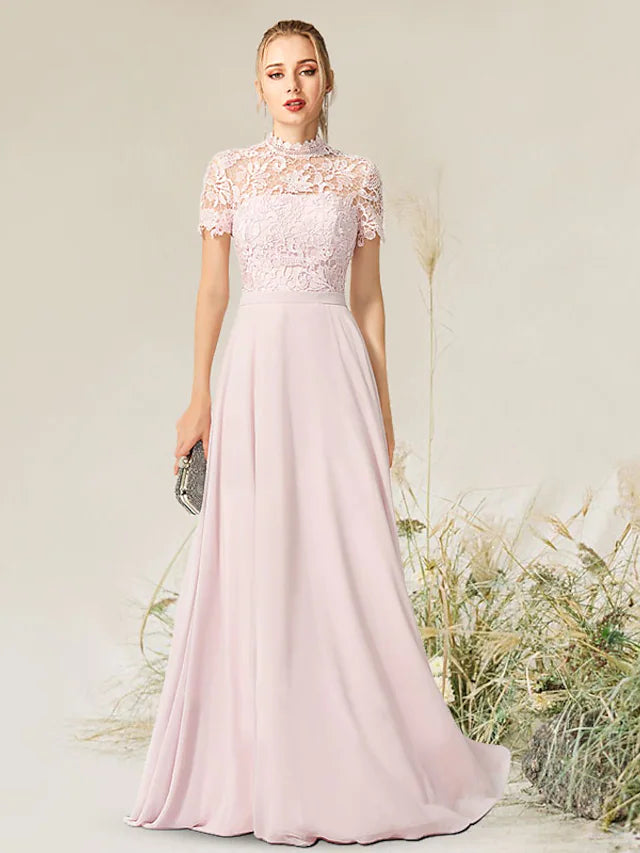 A-Line Evening Gown Empire Dress Engagement Floor Length Short Sleeve High Neck Chiffon