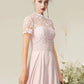 A-Line Evening Gown Empire Dress Engagement Floor Length Short Sleeve High Neck Chiffon