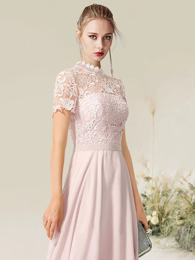 A-Line Evening Gown Empire Dress Engagement Floor Length Short Sleeve High Neck Chiffon