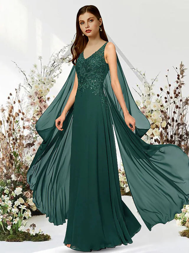 A-Line Empire Elegant Engagement Formal Evening Dress V Neck Sleeveless Floor Length Chiffon