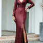 Sheath / Column Sexy Furcal Formal Evening Dress Plunging Neck Long Sleeve Floor Length Sequined