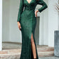 Sheath / Column Sexy Furcal Formal Evening Dress Plunging Neck Long Sleeve Floor Length Sequined