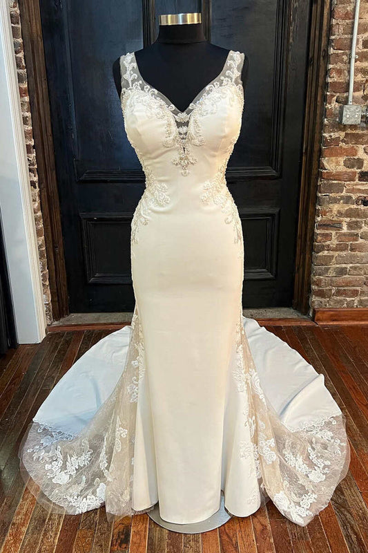 White V-Neck Backless Mermaid Long Wedding Gown Sexy