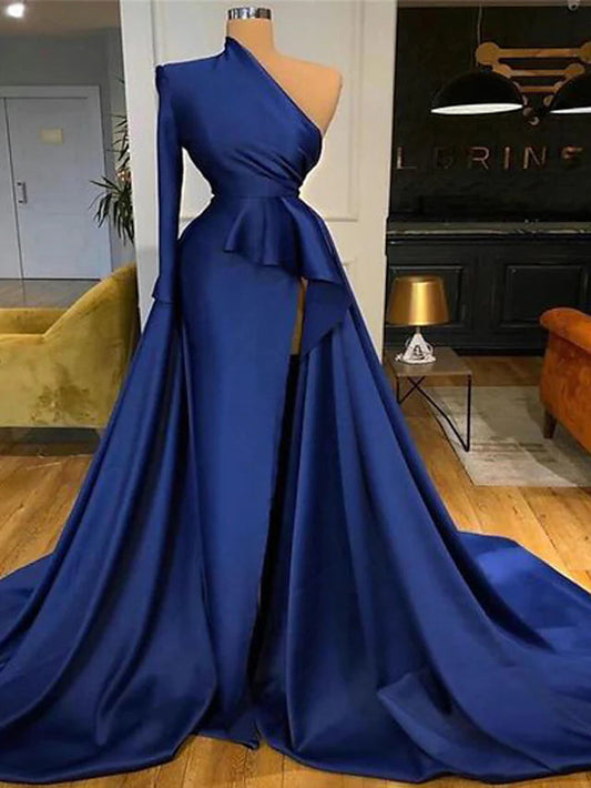 A-Line Peplum Sexy Wedding Guest Formal Evening Dress One Shoulder Long Sleeve Court Train Satin