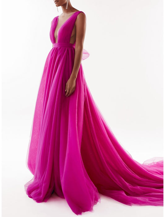 A-Line Evening Gown Beautiful Back Dress Engagement Court Train Sleeveless V Neck Tulle with Bow(s)