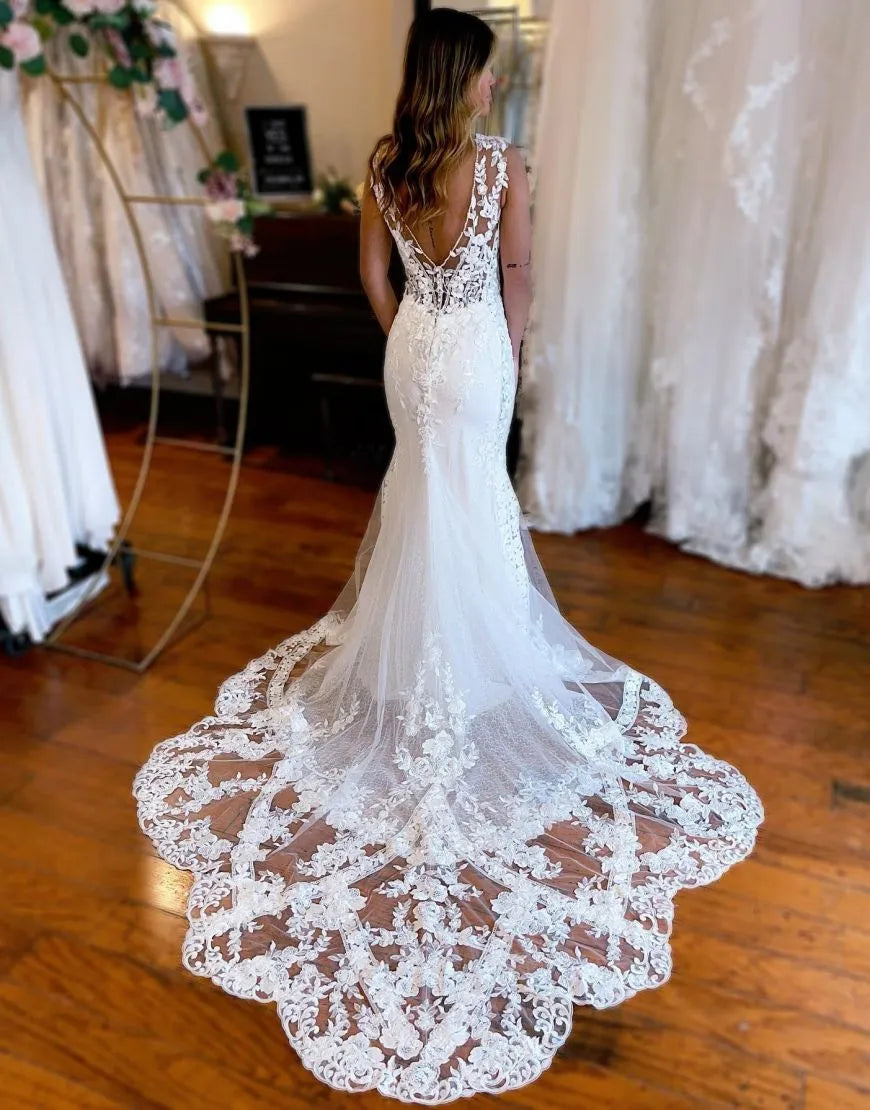 Mermaid V Neck Train Wedding Dress With Appliques Sexy Long