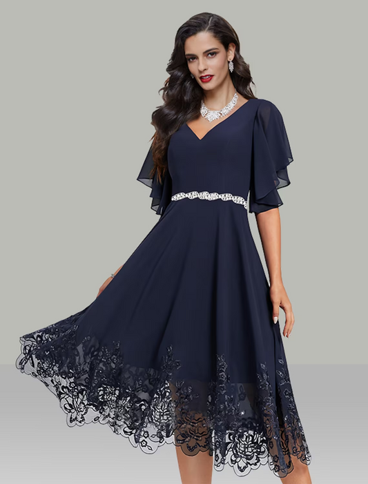 A-Line Wedding Guest Dresses Elegant Dress Cocktail Party Tea Length Short Sleeve V Neck Belt / Sash Chiffon with Rhinestone Glitter