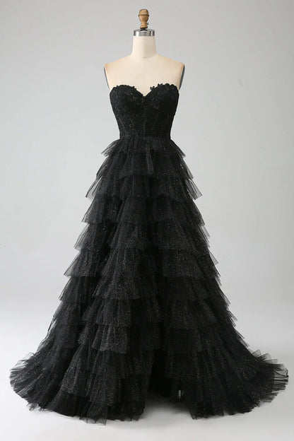 Glitter Corset Prom Dress with Slit Off Shoulder Sparkly Long Black