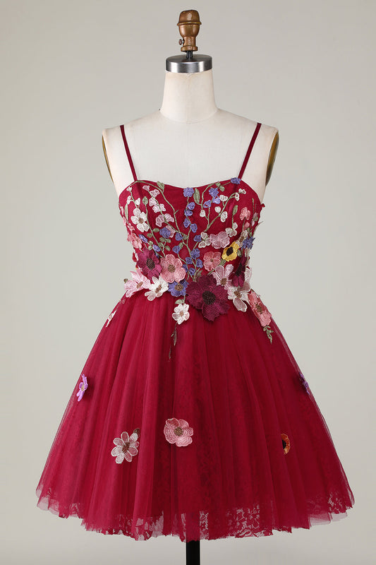 Gorgeous A Line Spaghetti Straps Burgundy Short Homecoming Dress With 3D Flowers Beautiful