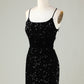 Sexy Black Sheath Spaghetti Straps Criss Cross Back Homecoming Dress With Sequins Sparkly 