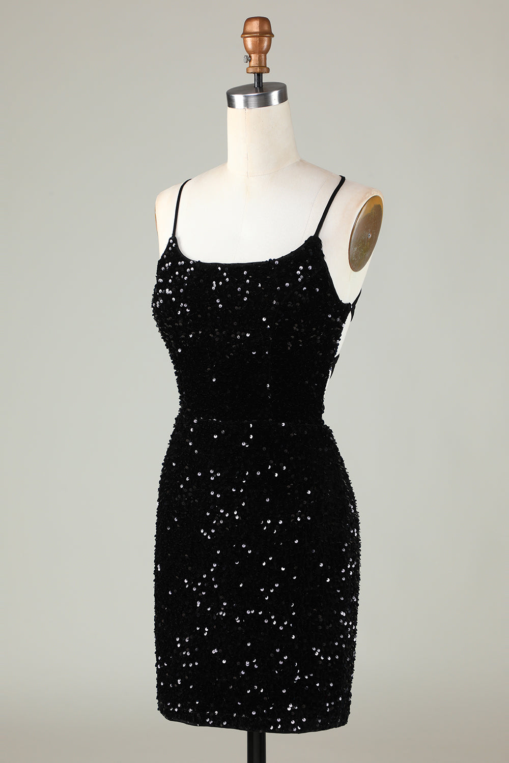 Sexy Black Sheath Spaghetti Straps Criss Cross Back Homecoming Dress With Sequins Sparkly 