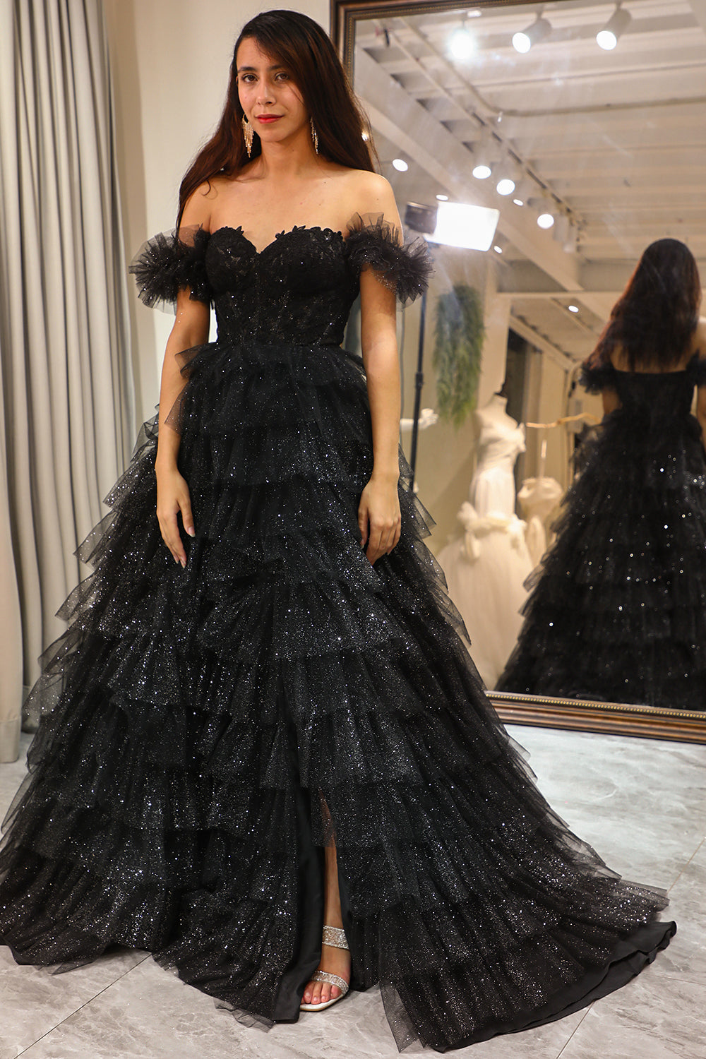 Sparkly Black A Line Long Corset Tiered Tulle Prom Dress With Slit Off Shoulder