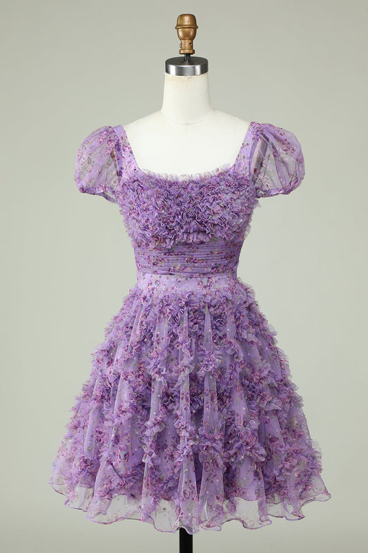 Floral Purple Homecoming Dress With Ruffles Short