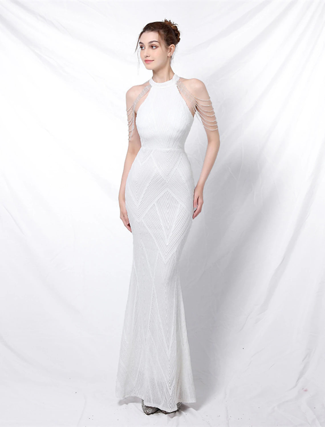 Mermaid / Trumpet Evening Gown Sparkle & Shine Dress Formal Floor Length Short Sleeve High Neck Sequined Backless with Crystals
