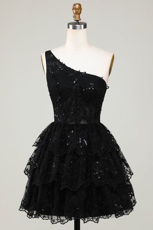 Glitter Black One Shoulder Homecoming Dress With Appliques Short