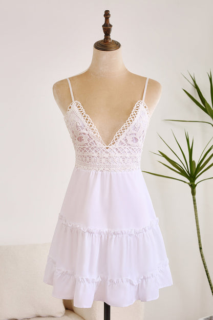 Cute A Line Lace Suspender Patchwork Backless Bow White Short Graduation Dress Pure Color