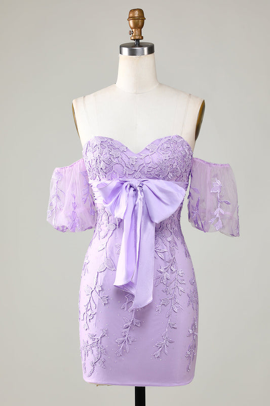 Lavender Off The Shoulder Tight Homecoming Dress With Bowknot Short