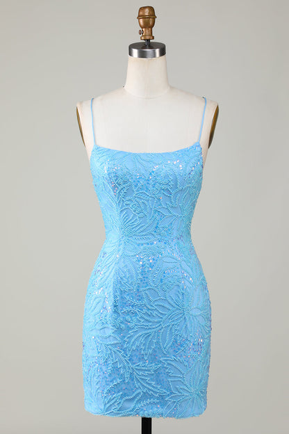 Sparkly Blue Spaghetti Straps Tight Short Homecoming Dress With Beading Sexy