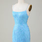 Sparkly Blue Spaghetti Straps Tight Short Homecoming Dress With Beading Sexy