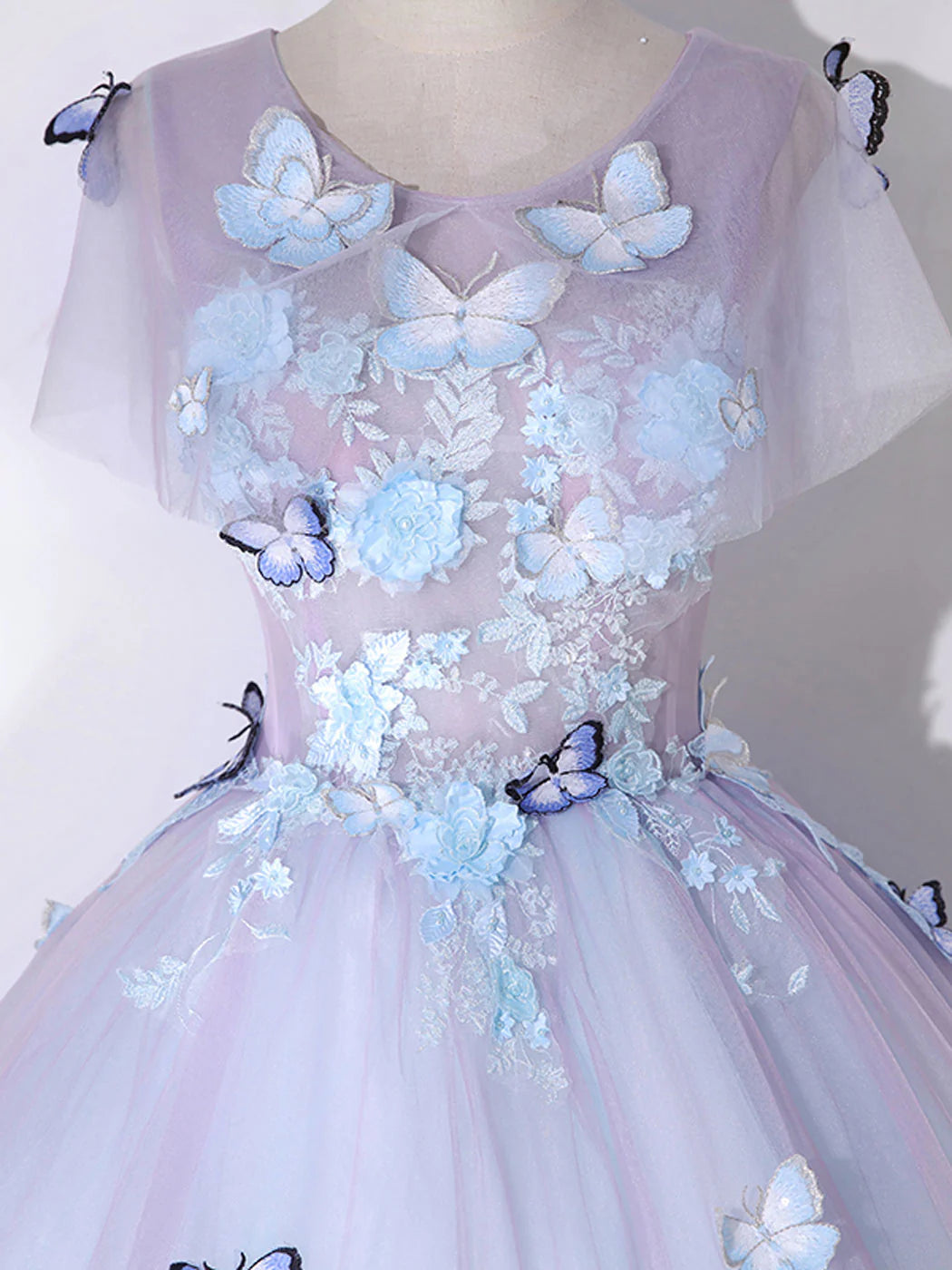 A-Line Round Neck Tulle Long Prom Dress Butterfly