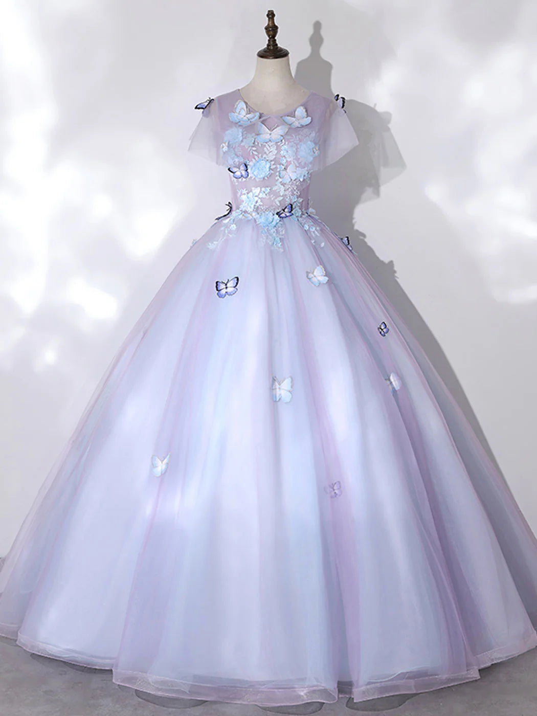 A-Line Round Neck Tulle Long Prom Dress Butterfly