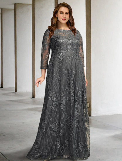 A-Line Plus Size Curve Mother of the Bride Dresses Elegant Dress Formal Wedding Guest Sweep / Brush Train Long Sleeve Jewel Neck Chiffon
