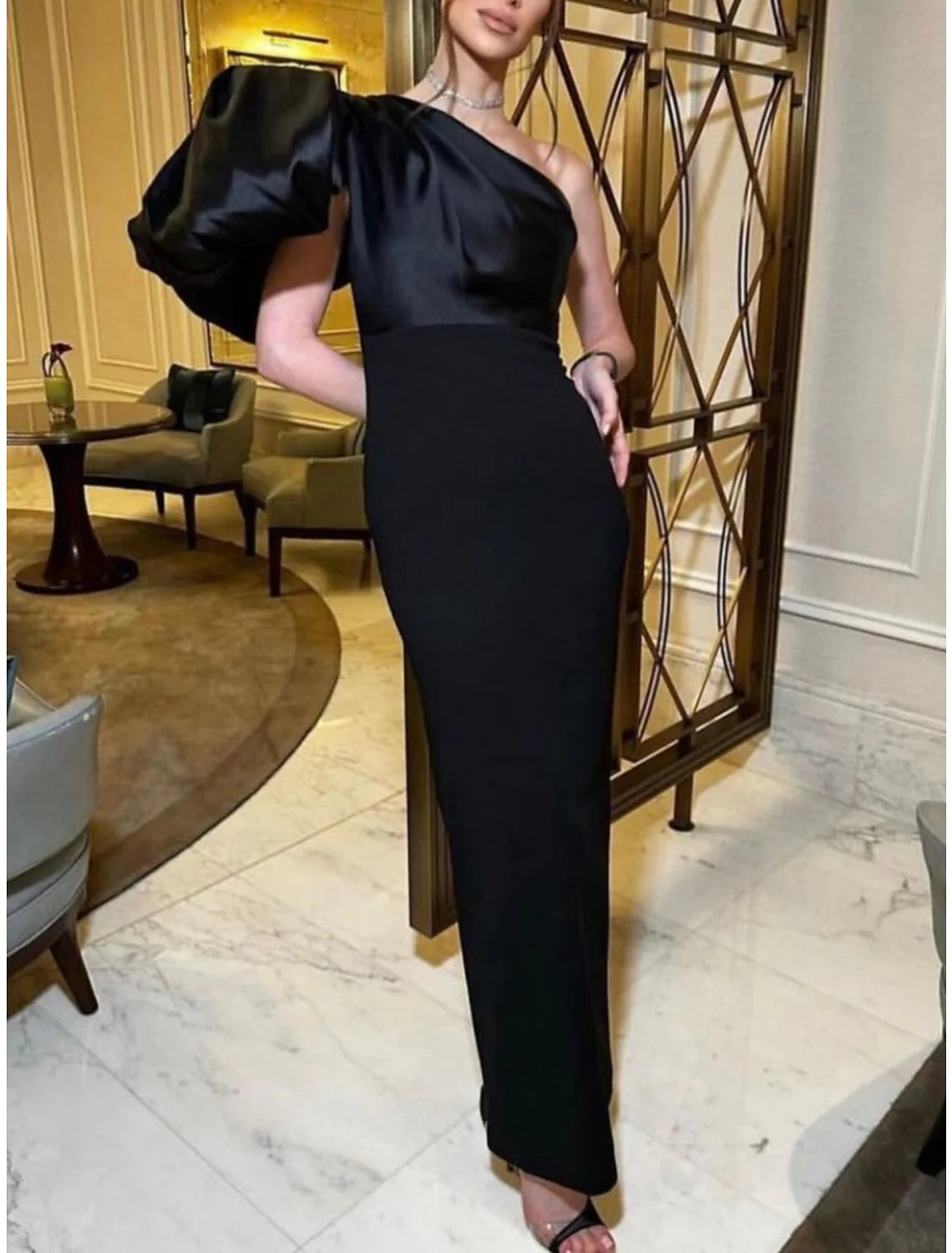 Sheath / Column Evening Gown Elegant Dress Formal Ankle Length Black Dress Short Sleeve One Shoulder Satin Party Dress